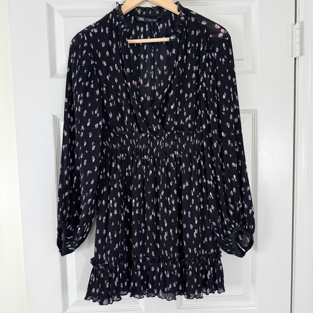 Zara Black Purple Ditzy Floral Crinkle Baby Doll Dress NEW